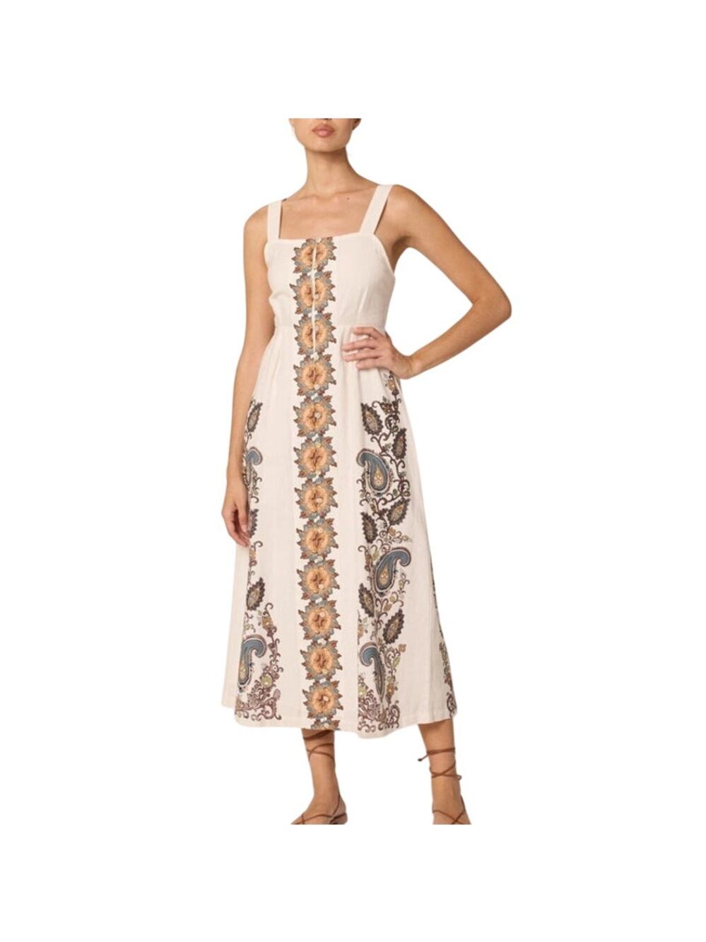Cleobella Jolene Veneto Paisley Ivory‎ Ankle Midi Linen Dress Boho Indie Cottage